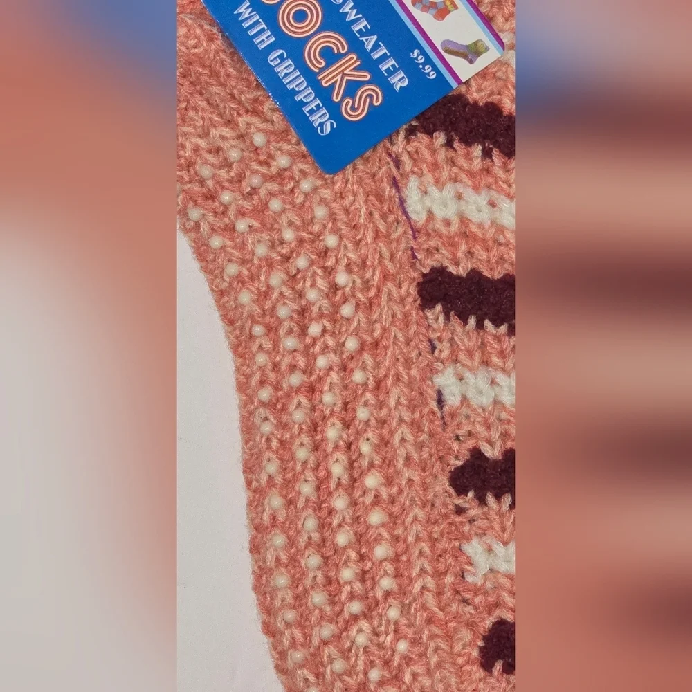 Sweater Socks with Grippers Peach Pink Burgundy Warm Booties